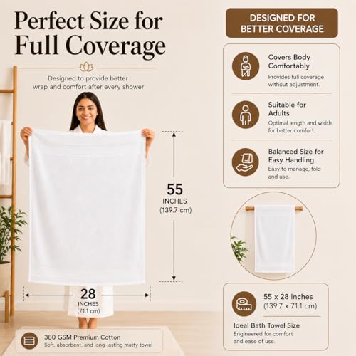 Image of 100% Pure Cotton Bath Towel for Men & Women | 380 GSM Ultra Soft, Highly Absorbent & Quick Dry Bath Towel | Large 55 x 28 Inch Matty Terry Towel for Bathroom, Gym, Travel & Daily Use | White