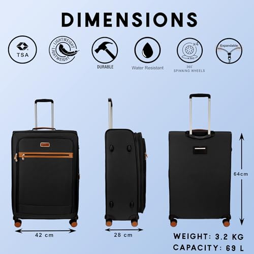 Image of F Gear Softair Medium Soft Luggage | Lightweight Expandable Carry-On Trolley Bag with 360 Spinner Wheels, Silent 8-Wheel System, Built-in TSA Lock, Anti-Theft Zipper & Luggage Tag (Black)