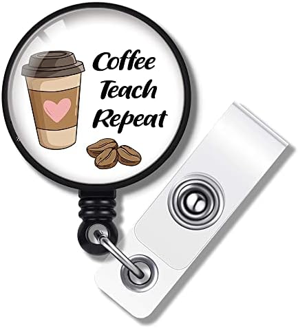 TOUNER Coffee Teach Repeat Retractable ID Badge Holder Badge Reels with Clip Name Card Holders for Office Worker Doctor Nurse Volunteer Teacher Student Lab Technician (Gift Box Packaging)