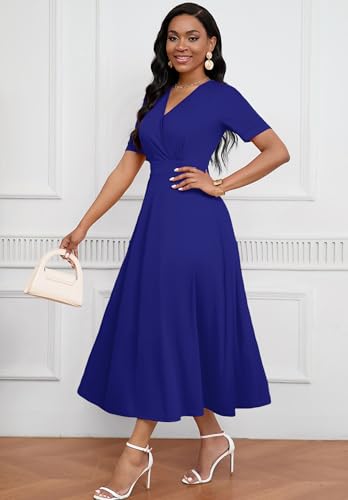 Image of MarryUP Women's Midi Dresses - V Neck Cocktail & Church Tea Dresses - Short Sleeve A-Line Swing Dress