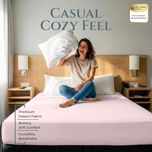 Image of Royale Linen 400 Thread Count Fitted Sheets Full Size - 100% Cotton Bottom Sheets Only - Luxury Sateen Weave -All Around Elastic Deep Pocket Fitted Sheet - Soft & Durable - Fit Up To 16 inch (Kyoto Blush)