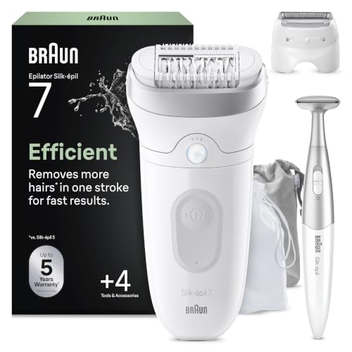 Braun Silk Epil 7 Epilatore Elettrico Donna, Rifinitore Bikini Styler, Testina Ampia, Wet & Dry, Pelle Liscia a Lungo, Con Testina Per Rasoio Elettrico Donna, 7-241, Bianco/Argento