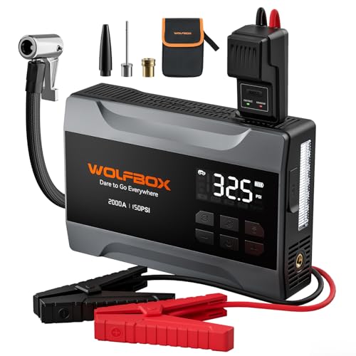 Image of WOLFBOX Portable Car Jump Starter 2000A with Air Compressor for Car, 150PSI Tyre Inflator, 37Wh Battery Booster for Up to 5L Petrol Engine, 12V Jump Starter with Cables, Boost Mode & LED Light