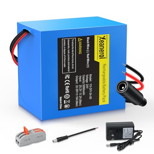 Xeanerol 24V 5Ah Lithium Battery with 2A Fast Charger Bare Leads Wire Cable Connector Rechargeable Li-ion Battery for 24 Volt DIY Project RC Car LED Light Strip CCTV Camera