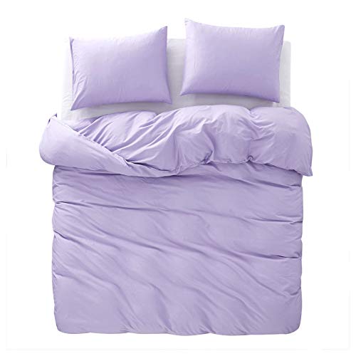 Wake In Cloud - Lilac Cotton Duvet Cover Set, 100% Cotton Bedding, Simple Modern Soft Solid Plain Color Light Purple Lavender, Zipper Closure And Corner Ties (3Pcs, Queen Size) #TOP2