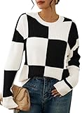 Kisscynest Womens Long Sleeve Checkered Pullover Sweater 2025 Casual Loose Crew Neck Color Block Knit Jumper Tops Black and White Large
