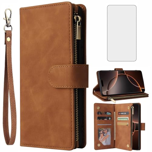 Protection iPhone 16 Pro Max rabat clapet portefeuille cuir avec verre