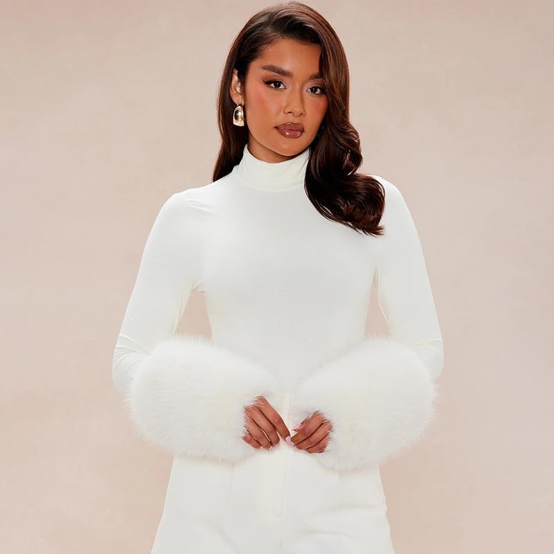 THLAI Black Bodysuits for Women Mock Neck Faux Fur Cuff Long Sleeve Body Suits Going Out Tops Sexy Club Outfits Romper - Image 4