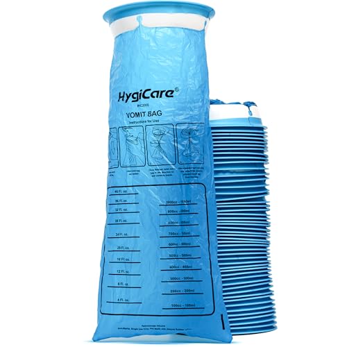 Image of HygiCare 50 Count Vomit Bags, 1180mL, Portable, Leak Resistant, Medical Grade, Disposable, Barf, Puke, Throw Up, Emesis Bags, Ideal for Car, Sickness,Travel, Kids, Pregnant Women