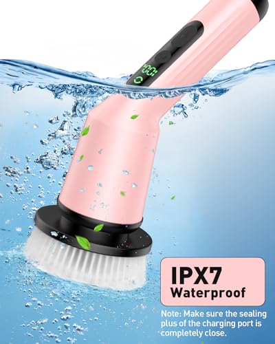 Image of Electric Spin Scrubber for Cleaning Bathroom, Shower Scrubber Cordless Cleaning Brush with IPX7 Waterproof & 2 Speed, 3 Brush Heads, Bathroom Cleaning Supplies for Shower Tub Kitchen Tile Toilet Pink