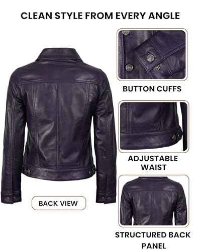 Image of Decrum Trucker Leather Jacket Women - Button Closure Vintage Style Real Lambskin Womens Leather Jacket