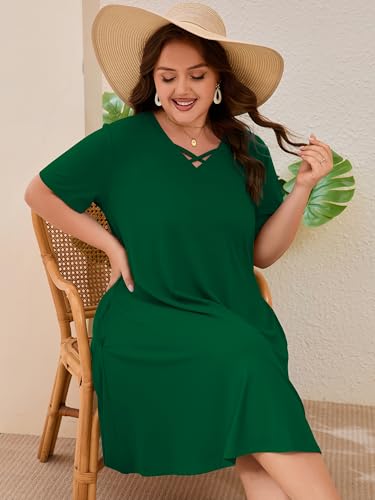Image of AusLook Plus Size Midi Dress for Women Short Sleeve V Neck Criss Cross A Line Summer Casual Vacation Sundresses with Pockets