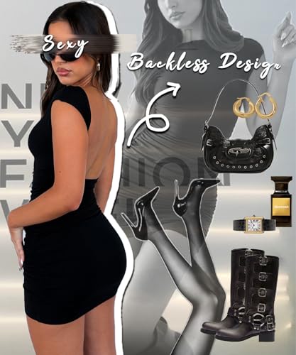 Navneet Women Mini Dress Backless Bodycon Dress Tight Sexy Dresses Party Going Out Clubbing Festival Outfits Slim Fit Black S - Image 5
