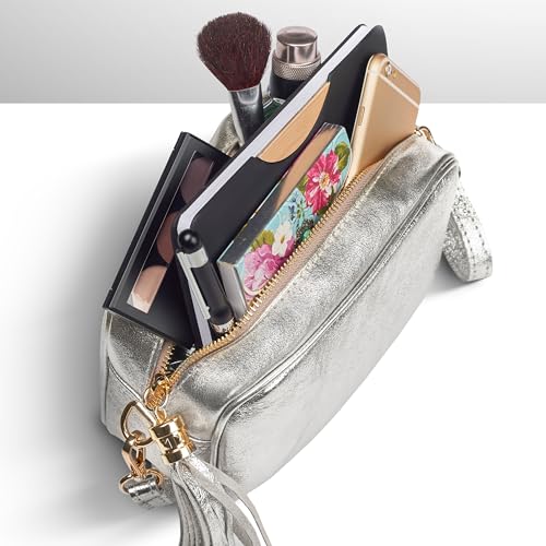 Image of Italian Genuine Metallic Suede Crossbody Bag for Women with Zipper | Small Leather Camera Purse Shoulder Handbag Pocketbook