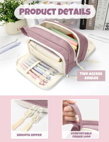 Image of SUNEE Cute Pencil Case, Aesthetic Pen Pouch with 3 Compartments, Kawaii Colored Large Pencil Bag with Zipper, Stationery Storage and Organizer, Purple School Supplies for Teen and Adult Girls
