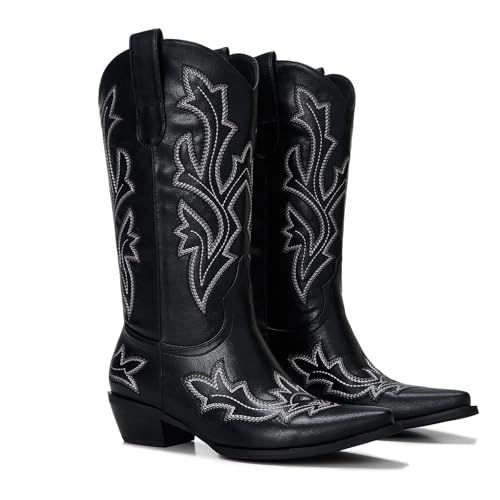 Image of Cowboy Boots for Women - Embroidered Western Cowgirl Boots with Fashion Snip Toe, 1.75-Inch Low Block Heel and All-Day Comfort Fit