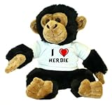  Chimpancé de peluche (juguete) con Amo Herbie en la camiseta (nombre de pila/apellido/apodo)