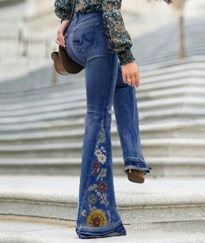 Women's Floral Embroidered Bell Bottom Jeans Distressed Denim Pants Plus Size High Rise Wide Legs Flare Jeans2