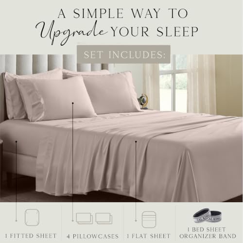 Image of KARISSA MAE 6 Piece Luxury Bamboo Viscose Cal King Sheet Set, 4 Pillowcases | FSC Certified | Cooling | Ultra Soft | 18 inch Deep Pockets | Elastic Corner Straps | Includes Organizer Band [Dusty Rose]