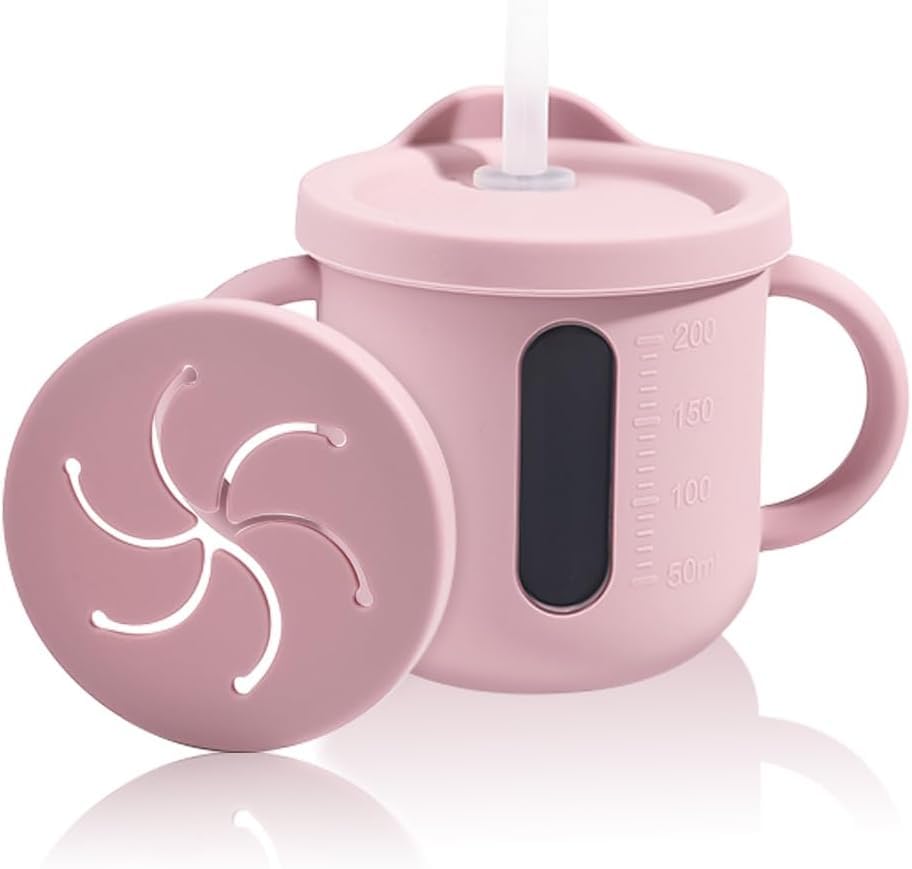 LOOKMINT Baby Silicone Sippy Cup with Straw & Snack Lid | 3-in-1 BPA-Free Training Cup for Toddlers | Dual Handle Spill-Proof Baby Drinking Cup 180ml | Food Grade Toddler Mug for 6+ Months (Pink)-image-47