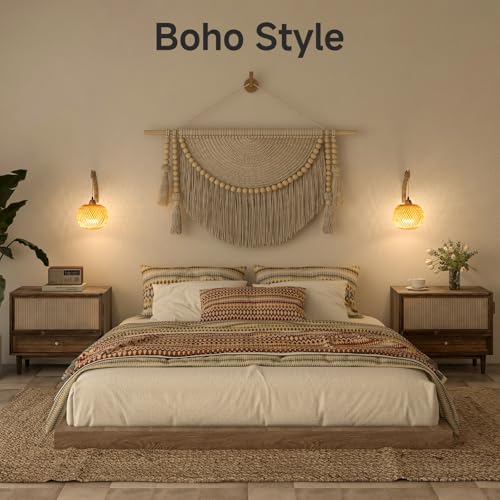 Image of NIORSUN Boho Wall Sconce, Wireless Rechargeable Battery Powered with Vintage Woven Design for Bedroom, Living Room, Dimmable LED with 3 CCT and 6 RGB Solid Color, Timer, Easy Install