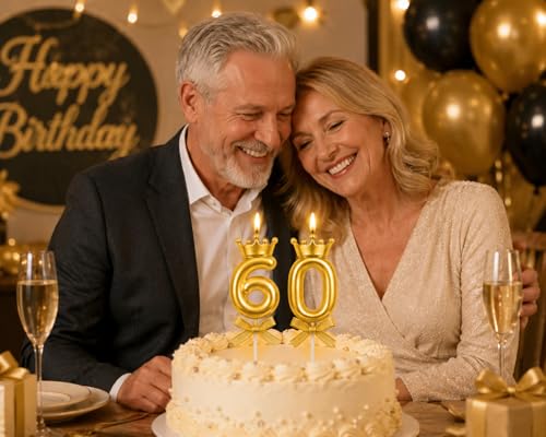Image of Gold Number 60 Birthday Candle Set with Crown | Metallic Cake Topper Candles for 60th Birthday, Anniversary Celebration | Party Decoration Candles, 2 pcs