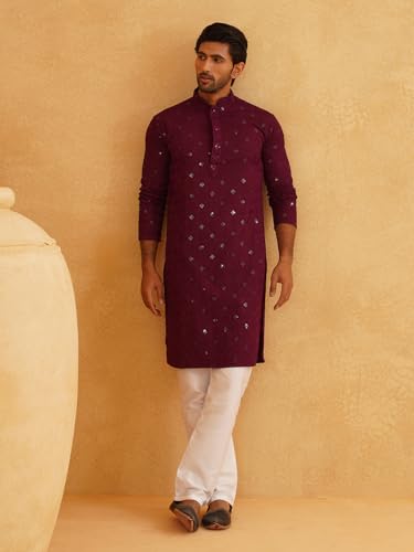 Sojanya (Since 1958 Men'S Cotton Embroidered Sequinned Kurta With White Churidaar Pyjama2