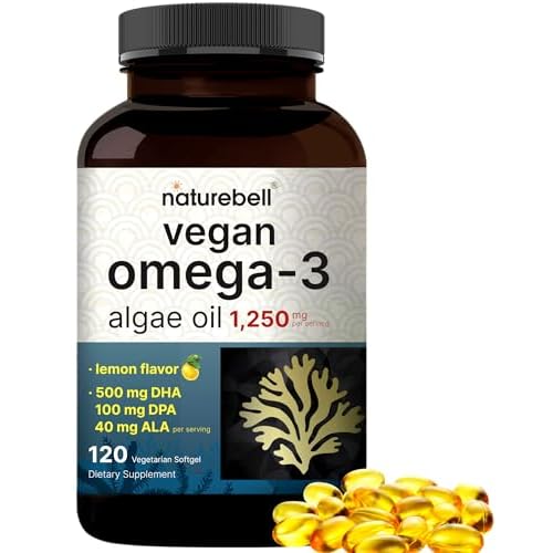 Vegan Omega 3 Algae Oil Supplement 1,250 mg Per Serving | 120 Veggie Softgels with Flaxseed | Full Spectrum of Omega 3 β DHA 500 mg, DPA 100 mg, ALA 40 mg | Lemon Flavored, Carrageenan Free