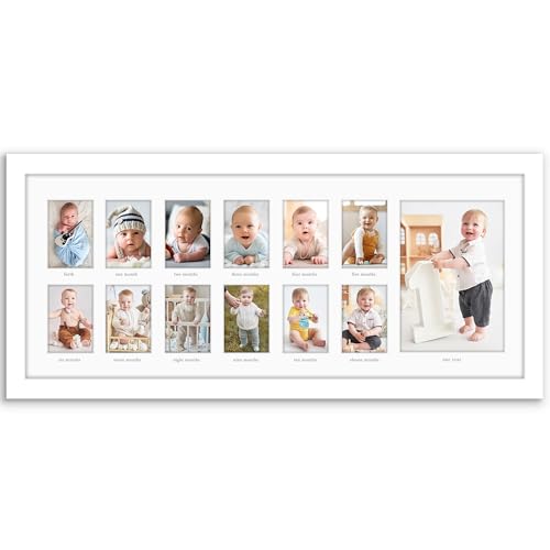Image of Americanflat 9x22 First Year Photo Frame with Shatter-Resistant Glass - Fits Twelve 2x3 Photos and One 5x7 Picture - Collage Frame for Nursery Decor, Newborn Mom Gift or Baby Shower- White