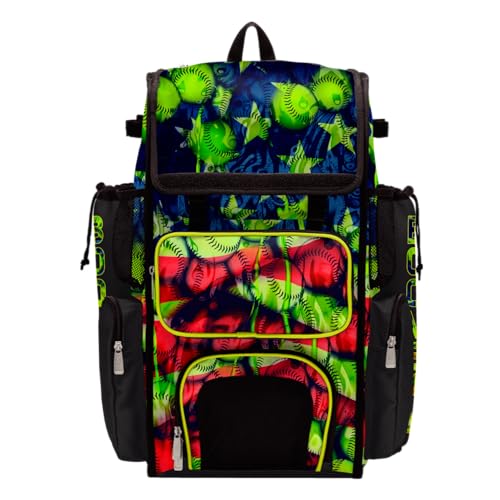 Boombah Superpack Bat Bag - Backpack Version (no wheels) - Holds 4 Bats - USA Softball Ballpark Black/Royal Blue/Red