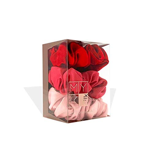 MYK Juego de bandas elásticas grandes de seda 100% seda de morera, suaves para cabello rizado, paquete de 3 unidades (rojo, rosa rosa, rubor)