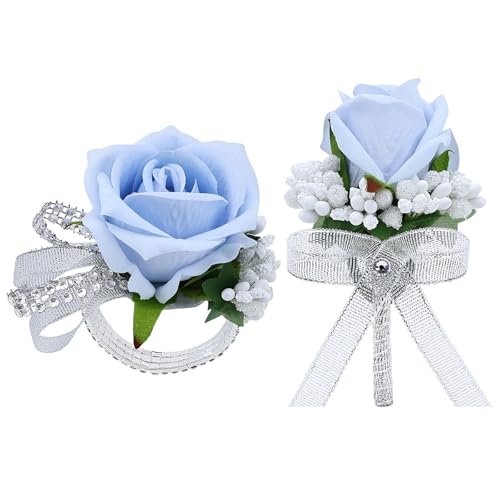 WGBBDG 2Pcs Light Blue Rose Corsage and Men Boutonniere Set Women Wristlet Band Wrist Bracelets for Prom Wedding Ceremony Flowers Decorations and Homecoming Party Accessories