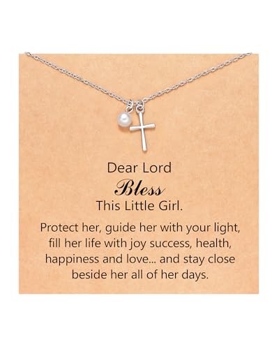 Pearl Cross Necklace for Girls - Baptism First Communion Confirmation Easter Graduation Gifts for Girls