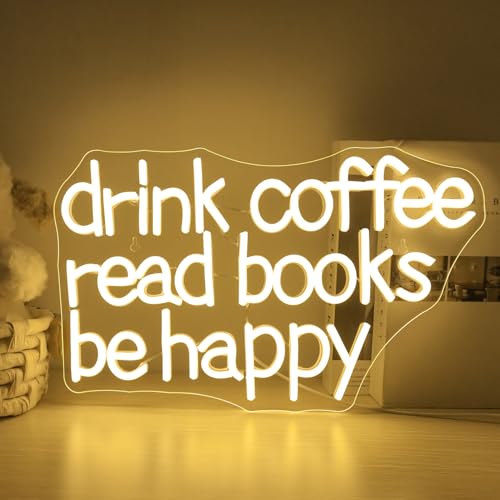 Image of Looklight Drink Coffee Read Books Be Happy Neon Sign Warm White Read Books Led Neon Light for Wall Decor Dimmable USB Neon Light Up Signs for Classroom Coffee Shop Bookstore Library Museum Study Room