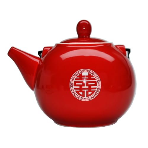 Image of Chinese Teapot 28oz Porcelain Tea Pot Red Glazing with Detachable iron handle for Adults Men Women Tea Ceremony Wedding Party Home Decor (Double happiness Teapot)