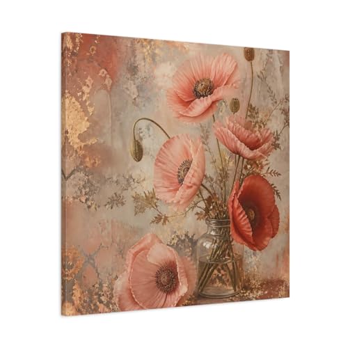 Toile Floral Poppies Pink And Gold 75x75 cm grand tableau carré pour salon