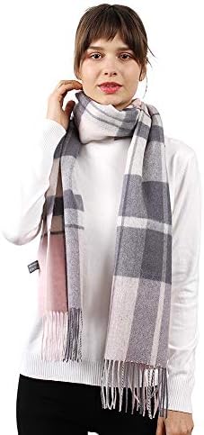 WAMSOFT Womens Pure Wool Scarf, Unisex Knitted Fashion Tartan Scarf, Long Plaid Scarf for Men, Elegant Warm Neckwear Winter Scarf, Outdoor Skiing Hiking Scarves Spring Gifts(Gray&Pink Plaid)