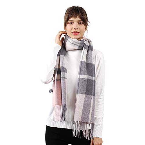 WAMSOFT Pure Wool Scarf for Women, Unisex Knitted Fashion Tartan Long Nightout Scarf Elegant Warm Neckwear Skiing Long Winter Scarves Pashmina Shawl Wrap(Gray&Pink Plaid)
