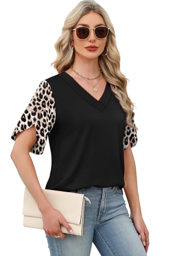 Image of WIHOLL Womens Summer Tops Short Petal Sleeve Shirts Fashion V Neck Womens Clothing