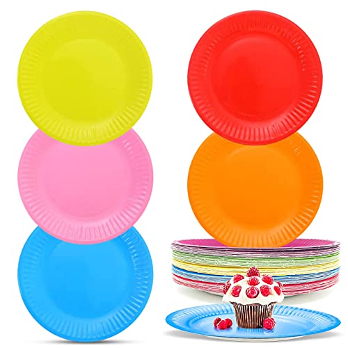 LIVESTN Lot de 50 Assiettes DIY, Assiettes Carton Couleur DIY Rondes Assiettes de Fête Jetables Assiettes en Papier Multicolores Biodégradables pour les fêtes et les pique-niques Cover