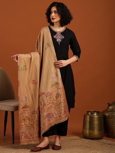 Image of tweedle Women's Ethnic Mahotsav Design Zari Shawl, Faux Wool Stole /Scarf for Ladies, Size - 40 x 80 inches