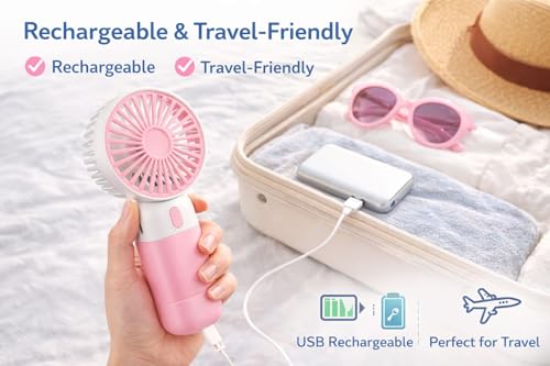 Image of Kabello Portable Hand Fan for Adults and Kids Rechargeable Handheld Fan with 3 Fan Speed Mini Fan for Travelling, Makeup and Office (Pink)