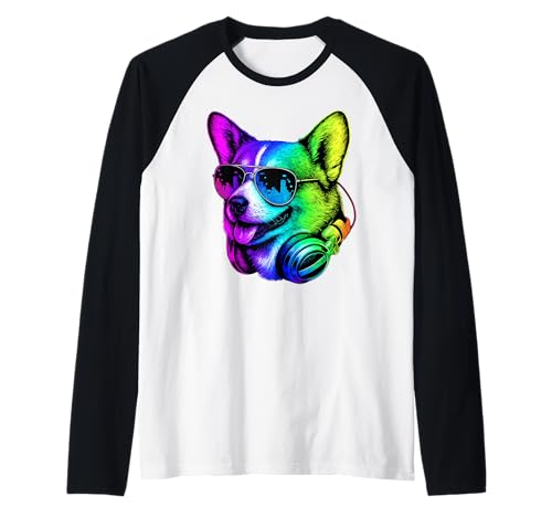 Corgi DJ Cuffie Retro Music Dog Lover Maglia con Maniche Raglan