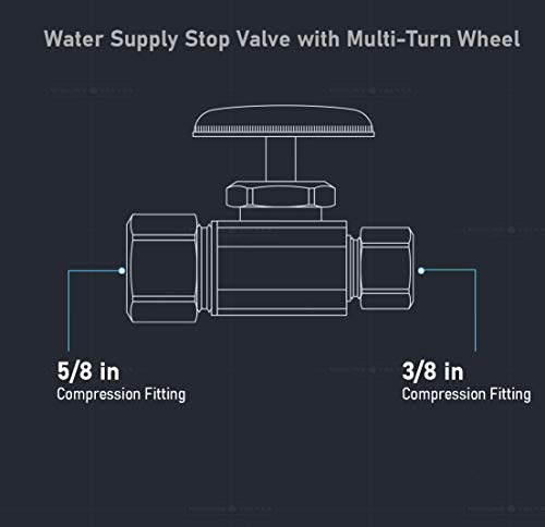 Image of Midline Valve 72358QS-OM-5 Water Supply Stop Valve with Multi-Turn Wheel; Straight Shut-off for Toilet, Sink, Dishwasher, Heater; 5 /8'' x 3 /8'' Compression; Chrome Plated Brass (5 PK)