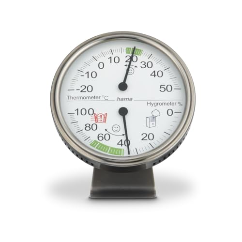 Hama Thermometer Hygrometer, analog (für Innen, Anzeige von Temperatur, Luftfeuchtigkeit, Raumklima, zum Aufstellen und Hinhängen, Gehäuse aus Edelstahl) silber Hama Thermometer Hygrometer, analog (für Innen, Anzeige von Temperatur, Luftfeuchtigkeit, Raumklima, zum Aufstellen und Hinhängen, Gehäuse aus Edelstahl) silber