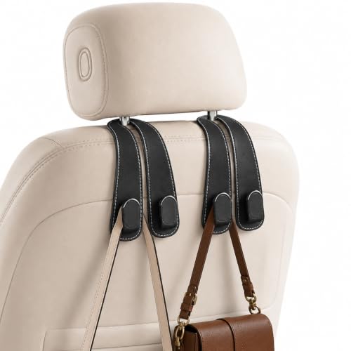 Image of Car Seat Headrest Hooks 2 PCS, Leather Car Seat Hooks, Double Bag Holder