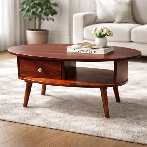 Image of Oval Solid Sheesham Wooden Coffee Table for Home | Living Room Center Table with Storage Shelf & Drawer | Modern Sofa Coffee Table