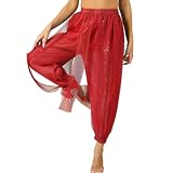 Women Belly Dance Harem Pants Side Split Sequin Shiny Harem Pants Arabic Halloween Trousers (US, Alpha, One Size, Regular, Regular, Red)