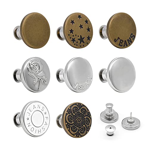 Button Pins for Jeans,Adjustable Jean Button Pins, 8 Sets Upgraded Replacement Jean Buttons, Removable Metal Button Perfect Fit, Instant Buttons to Extend or Reduce Pants Waist Size