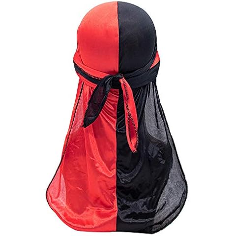 Silk Durag Cap for Men Women, Treer Fashion Hip Hop Two-color Long Tail Soft Durag Headwraps for 360 Waves, Sport Cap Pirate Bandanas Hippie Turban (Red + Black,100cm) Cover